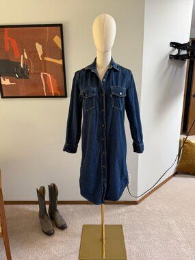 Vintage Levi's White Tab Dark Denim Wash Button Up Shirt Dress Size Small